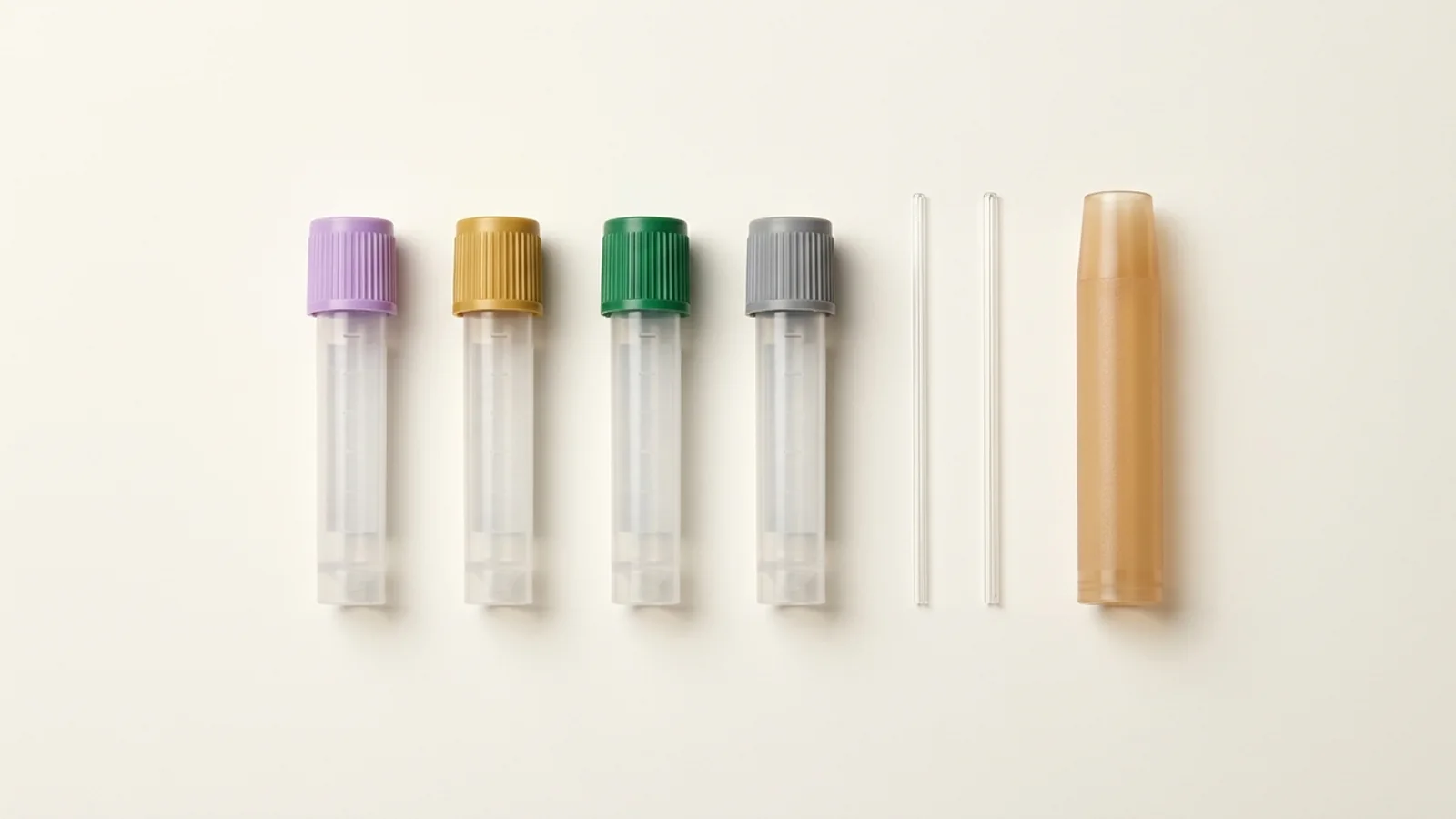 Row of capillary micro-collection tubes with lavender, gold, green, and gray closures alongside glass microhematocrit tubes and an amber carrier tube