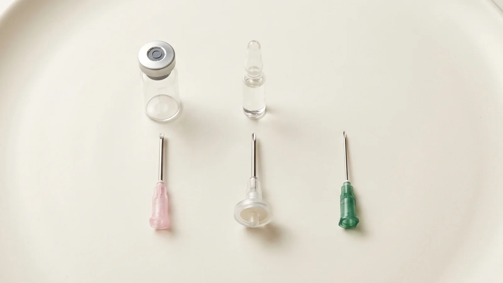 Three needles below a rubber-stoppered vial and a glass ampoule on an off-white surface: a pink-hub blunt-tip needle, a clear-hub needle with a disc-shaped filter housing, and a green-hub sharp needle