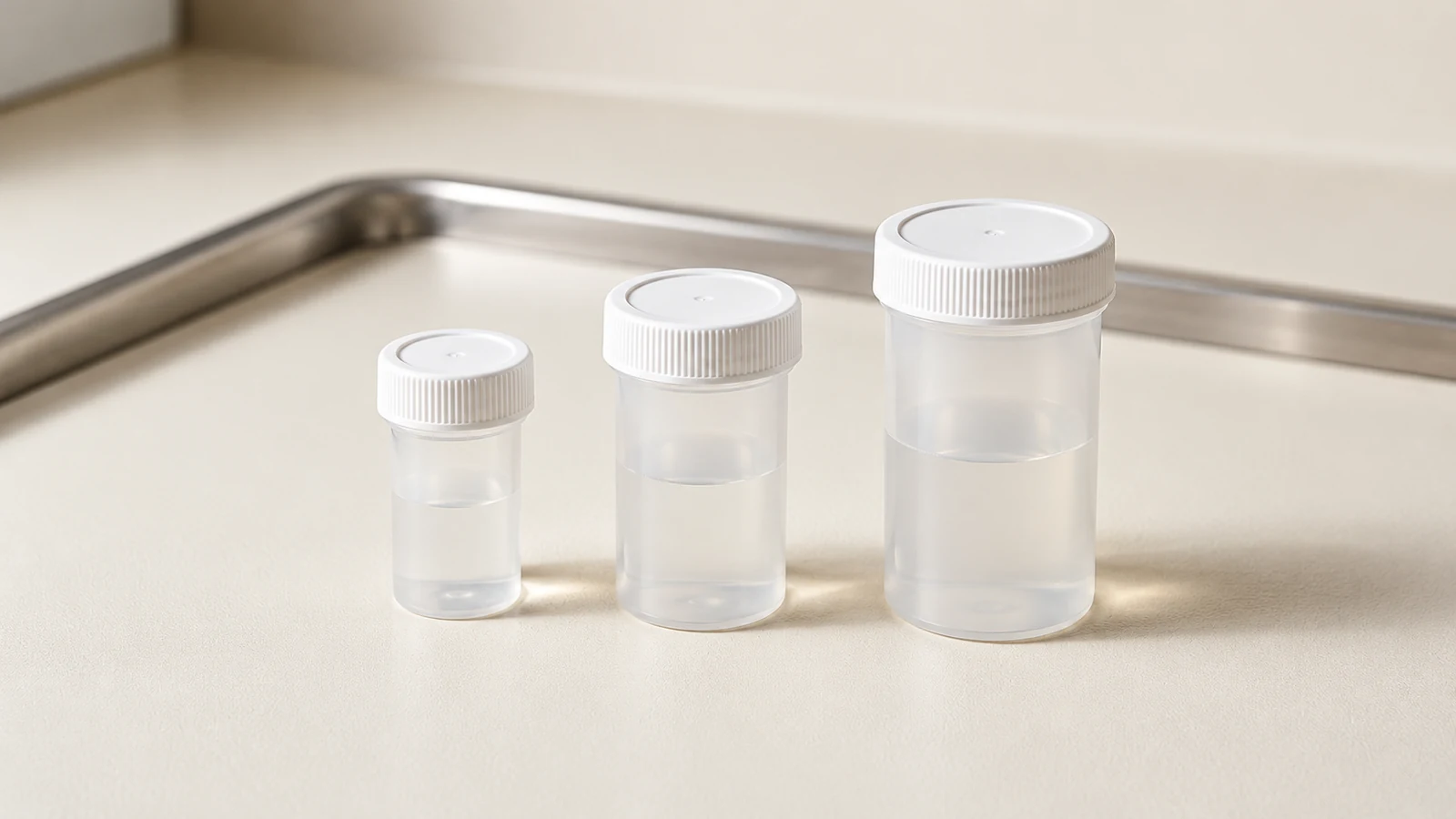 Illustrative still life of three translucent specimen jars with white screw caps and clear liquid, beside a stainless steel tray on an off-white surface.