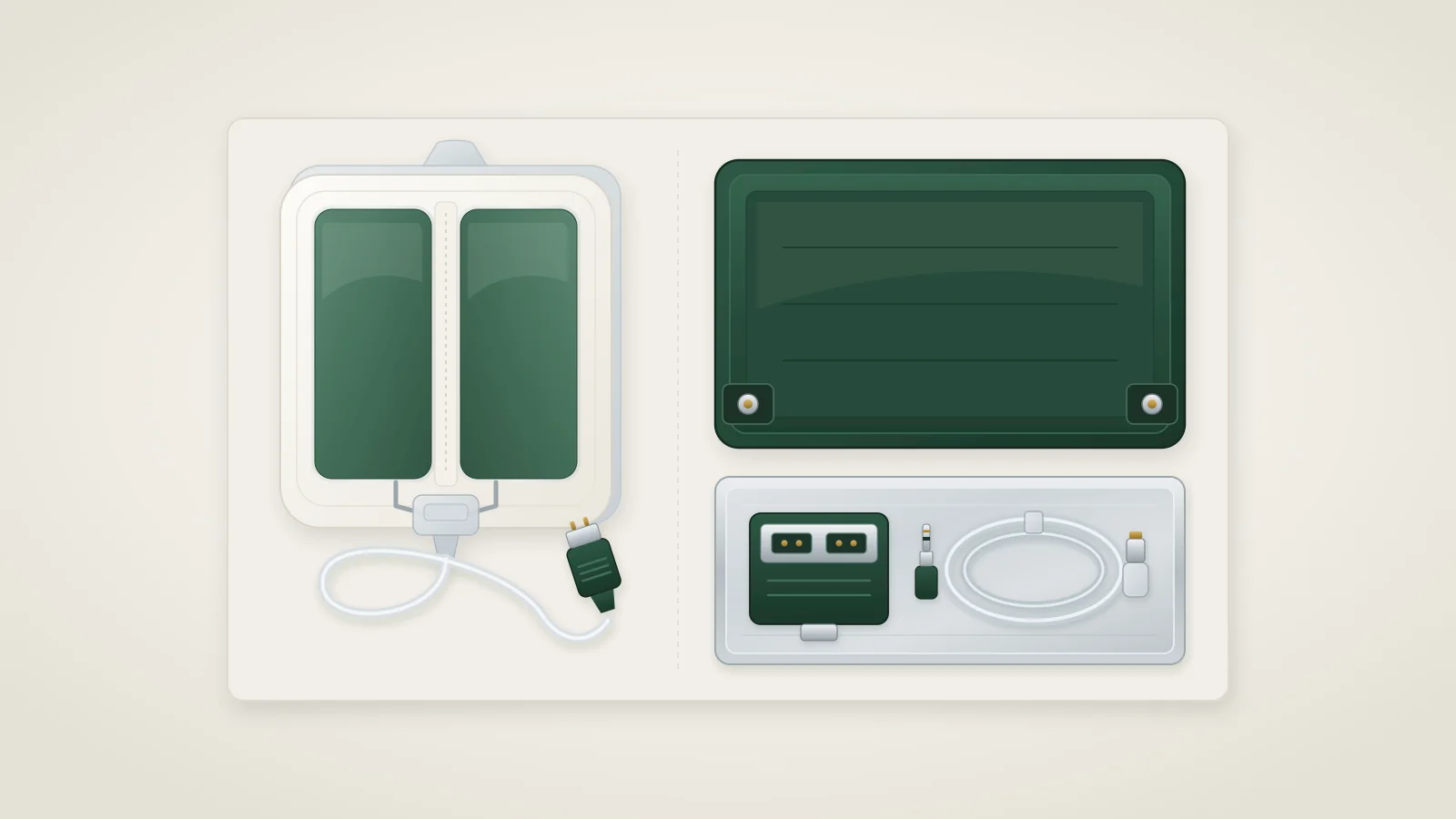 Top-down catalog comparison of a single-use split adhesive return electrode with pre-attached monitoring cord next to a reusable capacitive underbody pad, dual-return adapter, and detachable connector cable on a stainless steel tray.