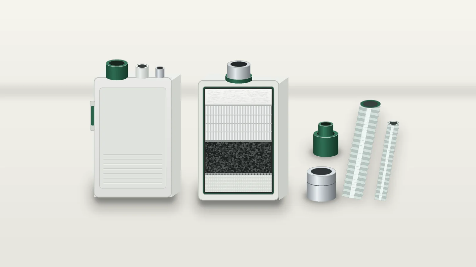 Illustration of an unbranded three-port smoke-evacuation filter cartridge beside a cutaway cartridge showing a fleece prefilter, pleated filter media, activated-carbon granules and a woven base layer, with a stainless port collar, a green step-down adapter and two lengths of corrugated tubing in different diameters on an off-white background.