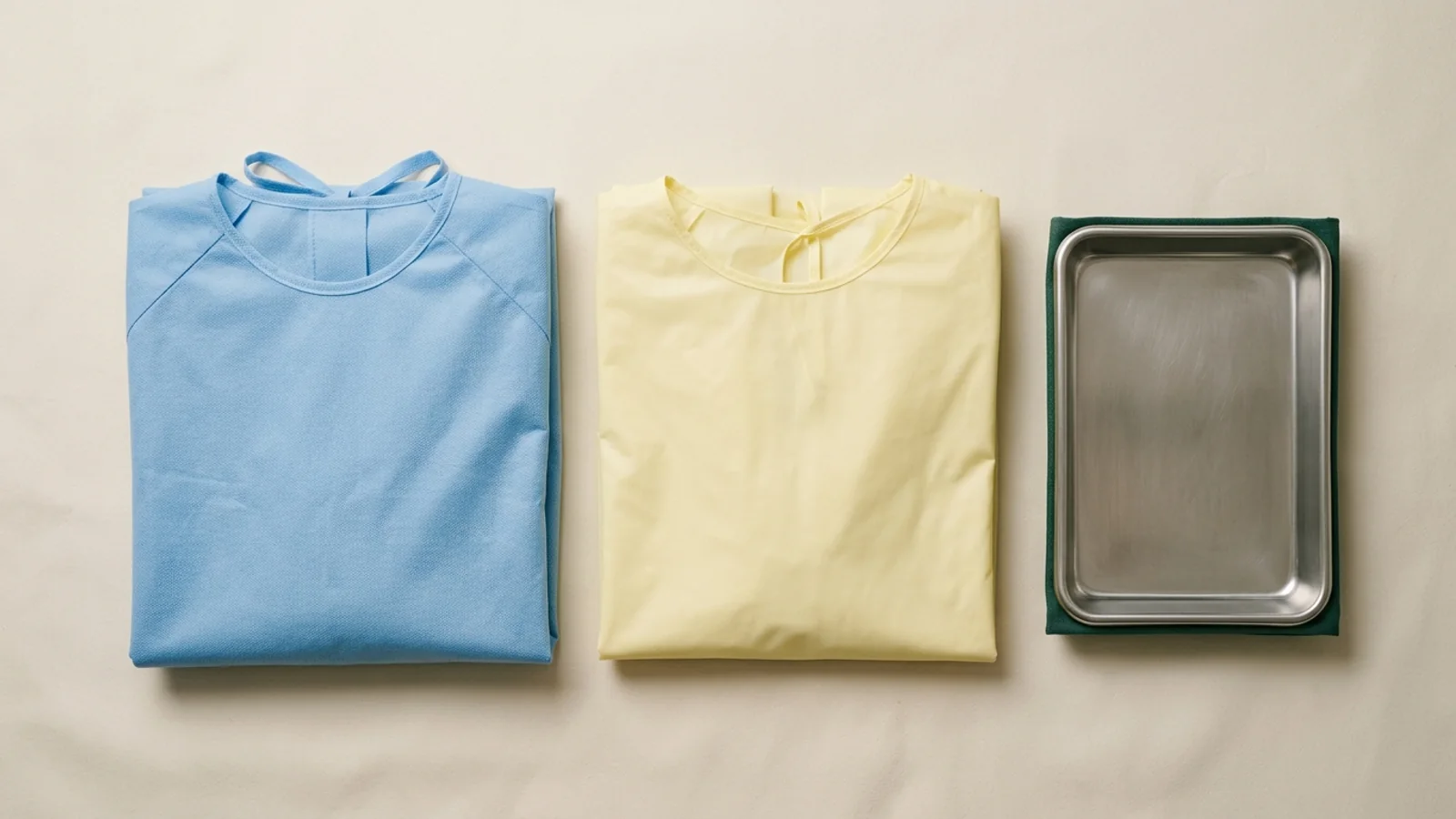 Folded medical protective gowns arranged for specification comparison beside a stainless steel tray on an off-white background