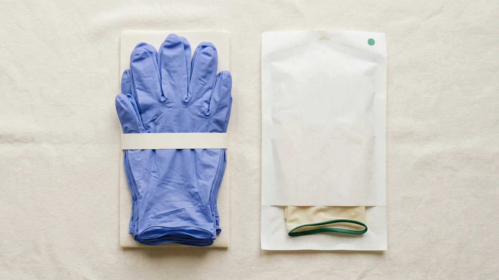 Text-free catalog still life of medical examination gloves stacked beside folded sterile surgical gloves on a warm off-white surface