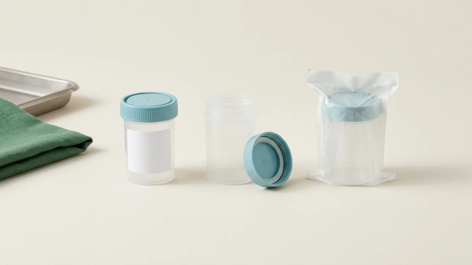 Three empty translucent specimen cups with pale blue screw caps on an off-white surface, one capped with a blank label, one open with its cap beside it, and one sealed in a clear wrap