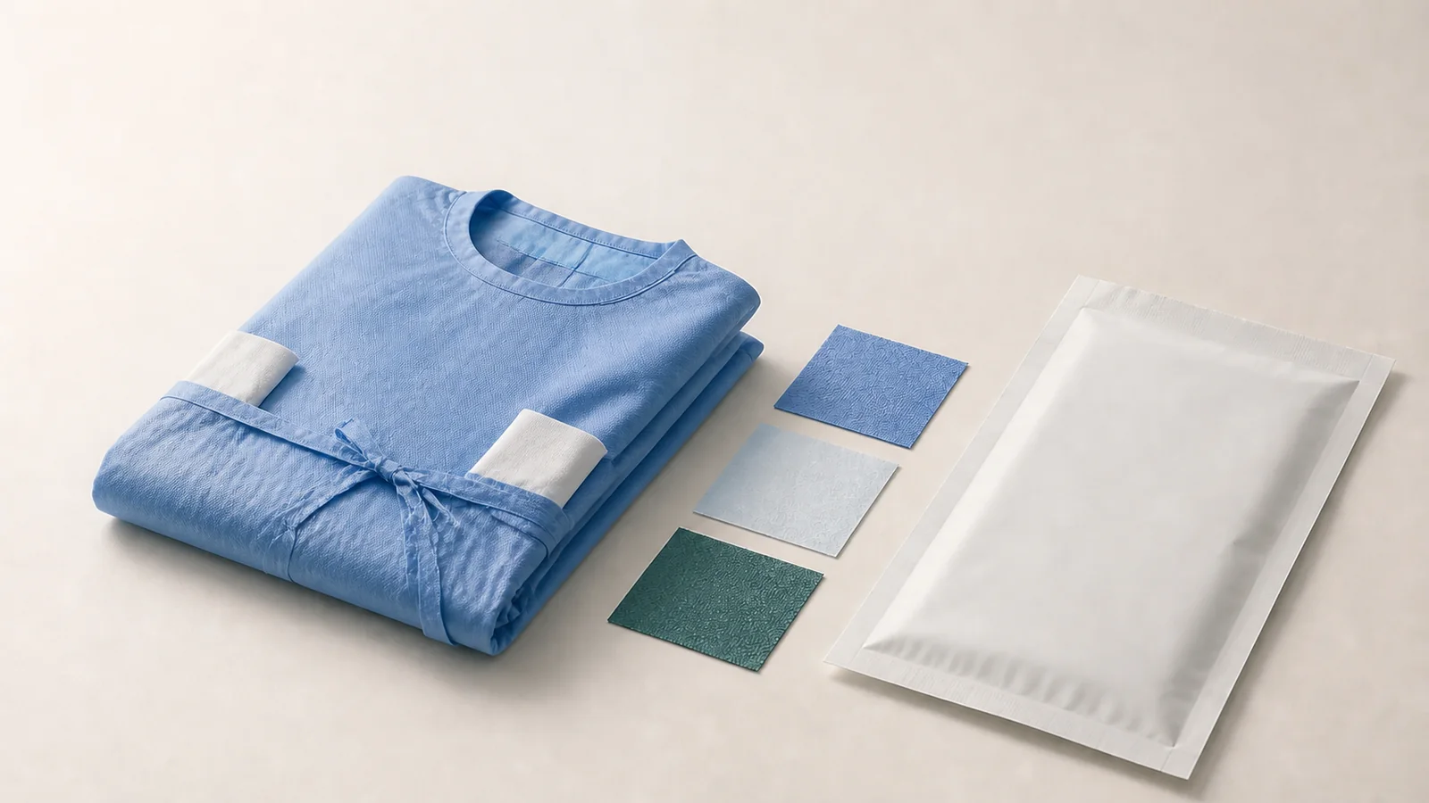 A folded sterile surgical gown with barrier-material swatches and a blank sterile pouch